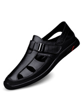 Sandálias masculinas deslizantes em couro bovino com solado de borracha e sandálias planas pretas