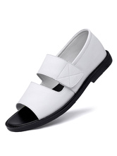 Men Sandals Slip-On Cowhide Open Toe Rubber Sole White Flat Shoes