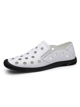 Men Sandals Slip-On Cowhide Round Toe Rubber Sole White Flat Sandal