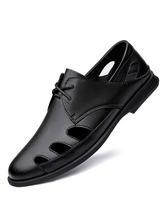 Hombre Sandalias Negras Sin Cordones Piel De Vaca Suela De Goma Punta Redonda Zapatos Planos Negros