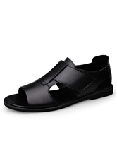 Sandals For Men Slip-On Cowhide Rubber Sole Black Flat Sandals