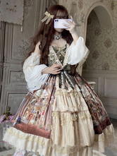 Robe Lolita Classique JSK Vert Marron Manches Longues Volants Dentelle Arcs Lolita