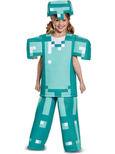 Minecraft Kids Disfraz de Cosplay Green Hat Pants Top Conjunto de 3 piezas Disfraz de Halloween Conjunto completo