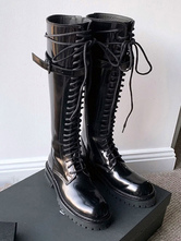 Bottes Steampunk Lolita en cuir PU métallisé à lacets bout rond Chaussures Lolita noires
