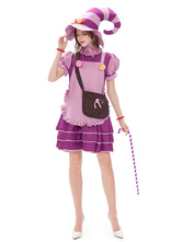 Halloween Magicien Costumes Pour Femmes Violet Sac Académique Chapeau Polyester Couleur Bloc Robe Courte Vacances Costumes Ensemble Complet