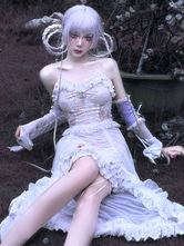 Vestido gótico Lolita JSK Sin mangas Volantes Encaje Patrón cruzado Falda estilo jersey de Lolita blanca