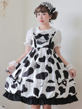 Vestido dulce Lolita JKS Poliéster sin mangas Patrón de vaca Vestido dulce Falda puente Lolita