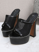 Sandalias de tacón de mujer negras con punta abierta  tacón grueso  sandalias de malla con tacón envuelto