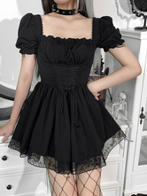 Women Short Dress White Pleated Lace Pleated Short Sleeves Polyester Gothic Summer Dress