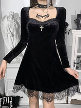Robe mi-longue pour femme noire avec col en cœur et dentelle à manches longues, robe gothique en polyester