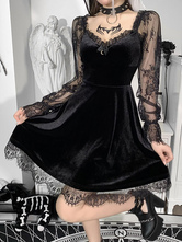 Robe noire femme col en cœur manches longues dentelle polyester robe gothique