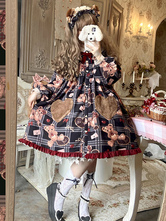 Robe Mignonne Lolita OP Polyester Manches Longues Volants Motif Ours Carreaux Robe Noire Lolita