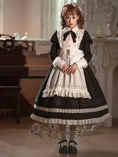 Vestido gótico Lolita Volantes Lazos Mangas largas Vestido de sirvienta de poliéster Vestido negro Lolita Delantal Conjunto de 2 piezas