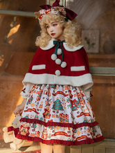Capa roja de Lolita para Navidad Poliéster Pompones Sin mangas Bloque de color Otoño Lolita Outwears