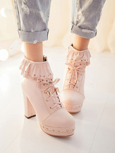 Pink Lolita Boots PU Cuero redondo Toe Tacones bajos Tops Lolita Calzado