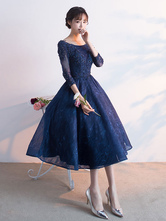Dark Navy Cocktail Dress Lace Prom Dress 2024 Applique Beading Jewel 3/4 Length Sleeve A Line Tea Length Party Dress
