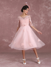 Short Wedding Dresses 2024 Vintage Soft Pink Bridal Gown Lace Applique Illusion Half Sleeve Tea Length Bridal Dress With Bow Sash