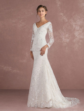 Summer Wedding Dresses 2024 Lace Mermaid Ivory Bridal Dress V Neck Long Sleeve Beading Beach Bridal Gown With Train
