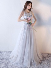Tulle Prom Dress Illusion 3D Flowers Occasion Dress Baby Blue Jewel Sleeveless Pleated Floor Length Party Dress