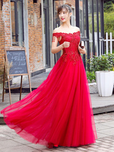 Tulle Prom Dress Lace Applique Beading Evening Dress Burgundy Off The Shoulder A Line Floor Length Party Dress