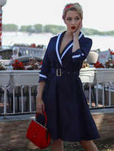 Vestido feminino vintage dos anos 1950 azul marinho escuro dois tons com cinto de manga comprida vestido midi com decote em V