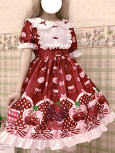 Sweet Lolita OP Dress Stampato fiocchi rossi Ruffles Lolita One Piece Abiti