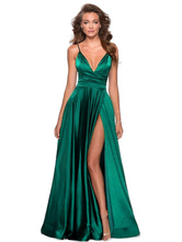 Vestido de dama de honra verde floresta linha A comprimento do chão sem costas elástico seda como cetim decote em V vestidos formais personalização gratuita