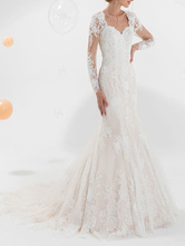 White Mermaid Wedding Dress With Train Long Sleeves Lace V-Neck Bridal Dress Free Customization