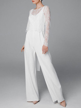 White Simple Wedding Jumpsuit A-Line Jewel Neck Long Sleeves Stretch Crepe Bridal Jumpsuits Free Customization