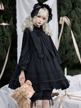 Vestido gótico Lolita OP Vestido negro de manga larga con volantes de encaje Vestido de una pieza de Lolita con encaje de poliéster