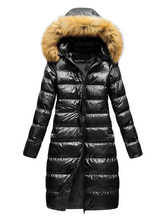 Jaqueta feminina preta puffer coat casaco de pele sintética com capuz agasalhos de inverno