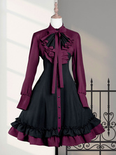 Gothique Lolita OP Robe Noir Rouge à Volant Manche Longue Robe Classique Vintage Déguisement Halloween