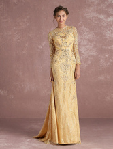 Lace Evening Dress Light Gold Beading Mermaid Mother‘s Dress Indian Long Sleeve Illusion Formal Dress With Train