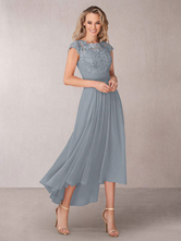Mothers Party Dress Grey Blue Jewel Neck Short Sleeves A-Line Lace Chiffon Pleated Tea-Length Guest Dresses For Wedding