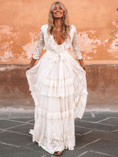 Boho Wedding Dress Suit 2024 V Neck Floor Length Lace Multilayer Bridal Gown Dress And Outfit