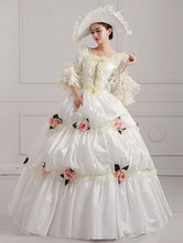 Victorian Dress Costume Women's Victorian era Clothing White Square Neckline Ball Gown Pageant Dress With Flowers Outfits