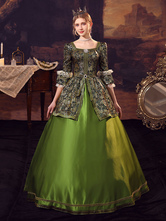 Robe Costume Rococo Opéra Vintage en jacquard manches 3/4 verte Costume baroque femme Déguisements Halloween