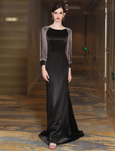 Schwarze Abendkleider Luxus Meerjungfrau Mutter Kleid lange Ärmel Ketten bördelnde formale Anzug Kleider mit Zug