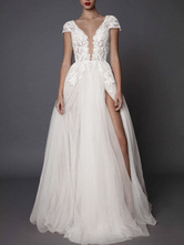 Boho Wedding Dress Ivory V-Neck Short Sleeve Applique Slit Bridal Dress Free Customization