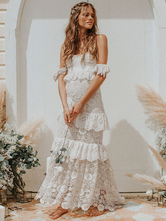 Vestido de novia bohemio 2024 fuera del hombro hasta el suelo vestidos de novia de encaje multicapa