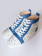 Men's Blue Flat Skate Board Shoes High Top Sneakers with Spikes Prom Party Shoes