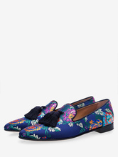 Zapatos mocasines de fiesta con bordado floral de satén azul para hombre con borla