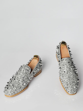 Mens Silver Spike Loafers with Rivets Prom Party Wedding Shoes