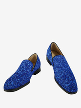 Мужские синие блестящие лоферы с круглым носком без шнуровки на выпускном вечере  свадебные туфли