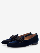 Sapatos de festa masculinos de veludo bico redondo com lacinho mocassins sapatos de baile azul profundo