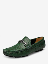 Sapatos masculinos mocassins verdes com bico redondo de couro para dirigir centavos