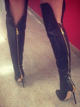 Schwarze Overknee-Stiefel mit Reißverschluss für Damen mit Stiletto-Absatz und spitzer Zehenpartie