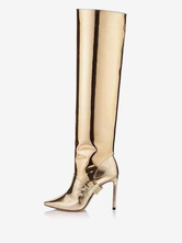 Bottes hautes convertibles dorées  miroir métallique  cuir brillant  longueur aux genoux  bottes de soirée de bal