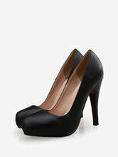 Zapatos de tacón con plataforma para mujer, negro, bajos, cuero de PU, punta redonda