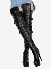 Sexy Thigh High Boots Women's Black Platform Faux Fur Buckle Detail Over Knee High Heel Boots